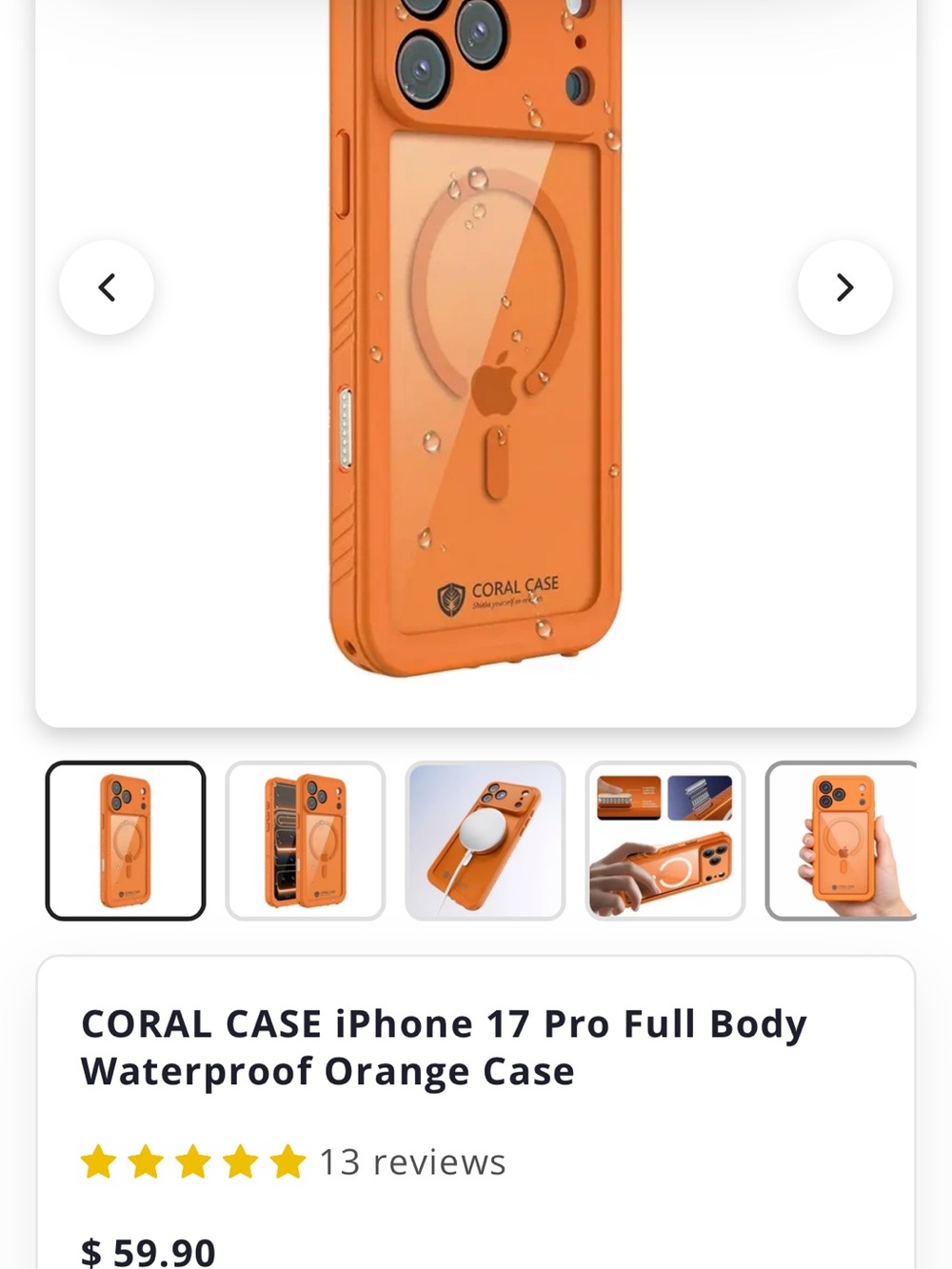 Coral Case Orange Waterproof Full-Body Case for iPhone 17 Pro